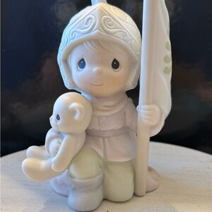 Precious Moments Figurine Girl with Teddy and Flag - Pastel White & Cream